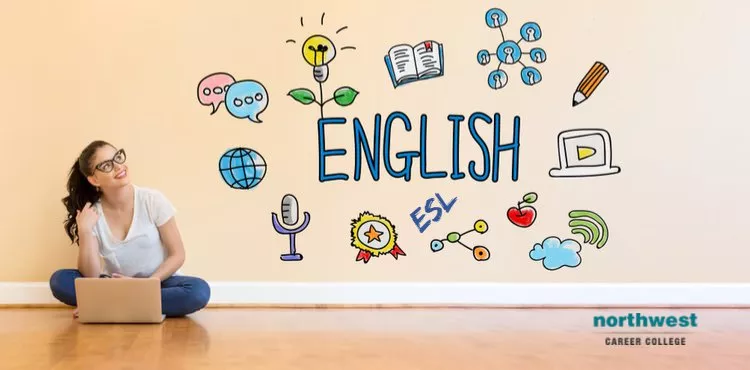 Woman sitting on ground with ESL Class graffiti.