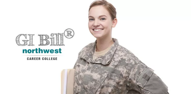 A woman veteran with GI BILL logo in background.