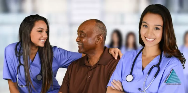 A woman showing care for a elderly man