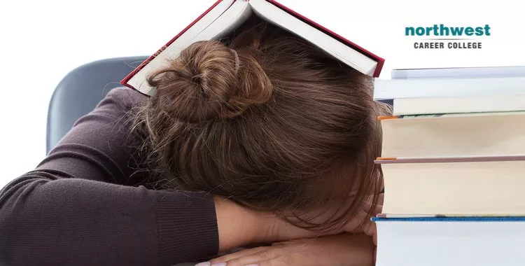 The Day Of An Exam, a woman sleeps with a book on her head.