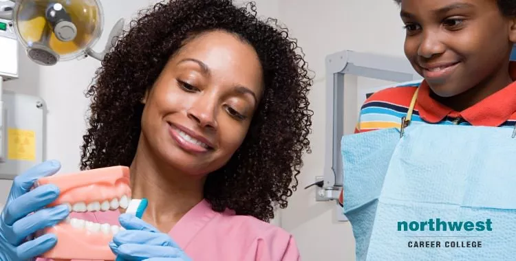 Dental assistant showing to a kid how to clean teeth properly on a prop.