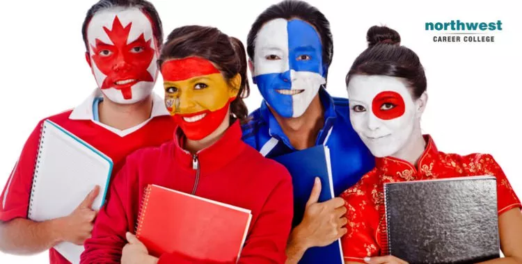 Group of students with different flag face paintings.
