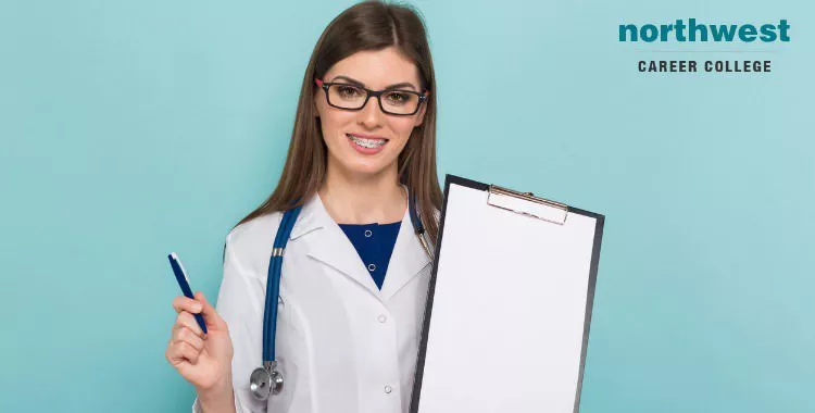 A smart-looking female doctor with a clipboard and pen