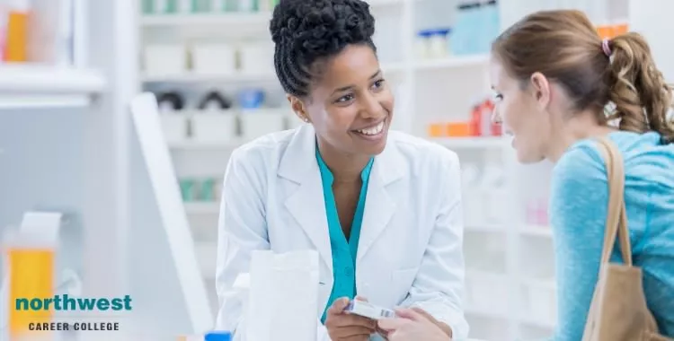 pharmacy technician talking with customers