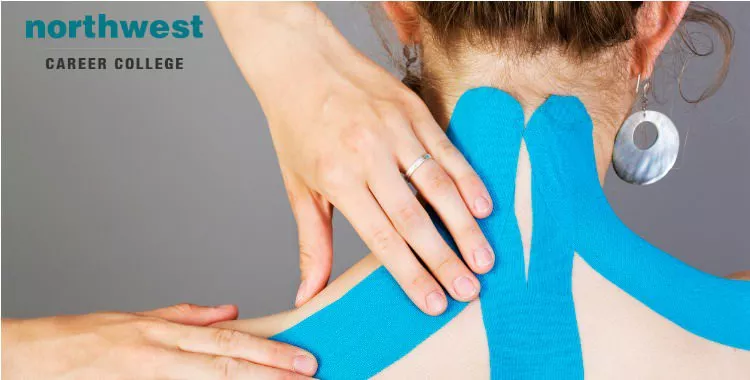 Kinesiology Tape on a woman's' neck in a Massage Practice