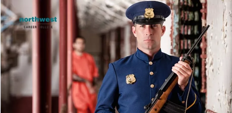 A corrections officer stationed in a prison on duty.