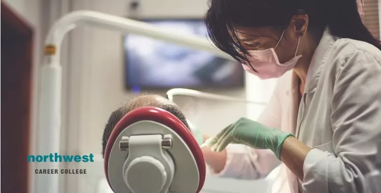 A female dental assistant conducting an examination on a male patient.