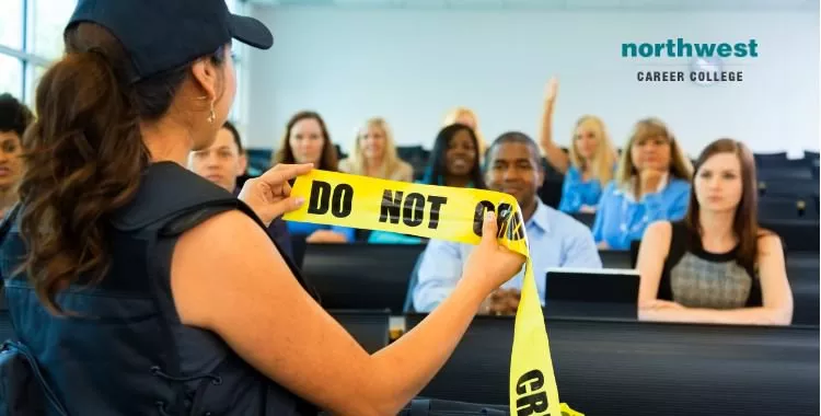 A policewoman demonstrating before cadets about police training session.