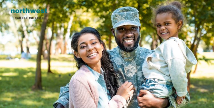 A happy military serviceman with his wife and kids.