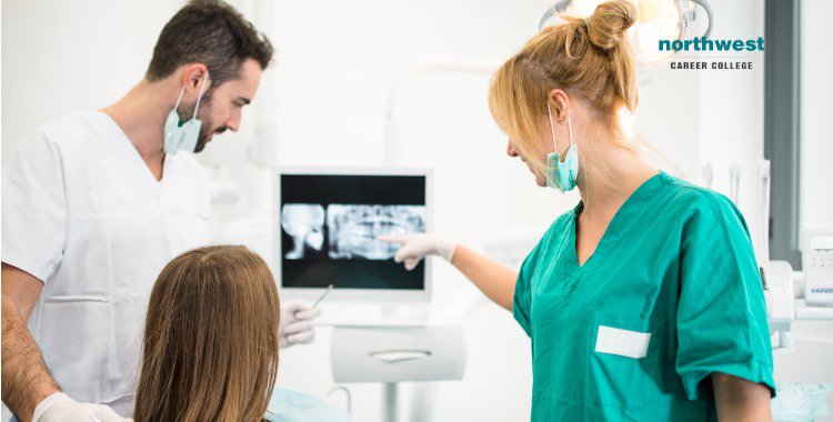 Dental assistant learning from instructor as the instructor points to an Xray of a patient's mouth.