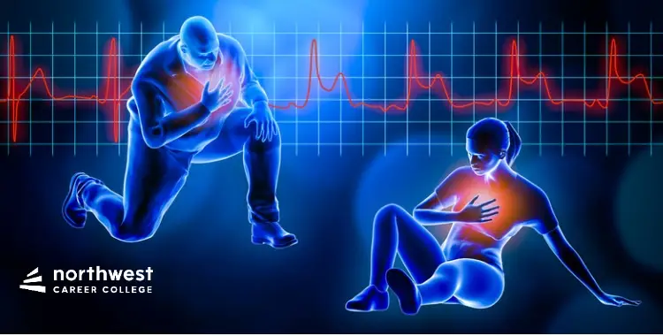 Two figures, one kneeling and one sitting, hold their chests with a heartbeat line in the background.