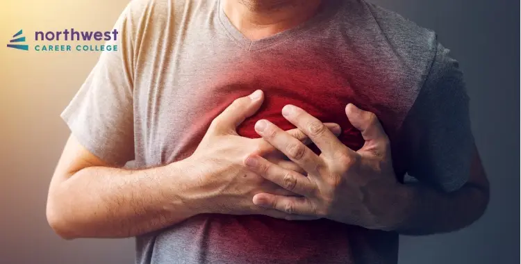 A person in a gray shirt clutches their chest, indicating discomfort or pain, with a gradient background.