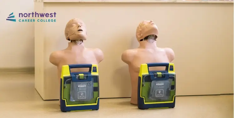 Two CPR training mannequins beside an automated external defibrillator (AED) in a classroom setting.