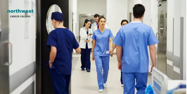 doctors and stuff walking through corridor in hospital