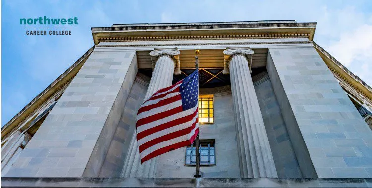 facade flags justice department building washington