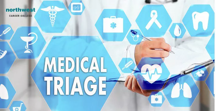A healthcare professional holds a clipboard with icons representing medical triage and various health symbols.