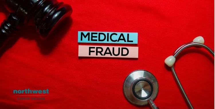 Text blocks reading MEDICAL FRAUD on a red background with a gavel and stethoscope, highlighting healthcare fraud issues.