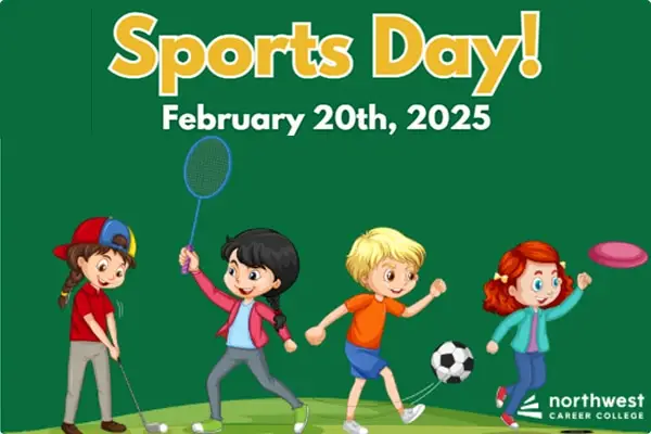 Colorful illustration of children playing sports, promoting Sports Day on February 20th, 2025, at Northwest Career College.