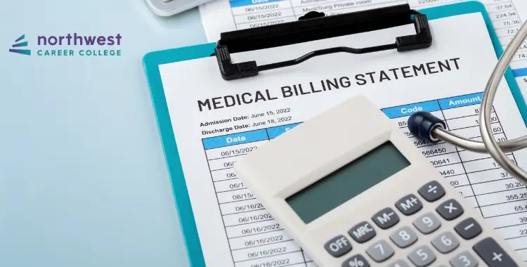 Medical billing statement with a calculator and clipboard, featuring Northwest Career College logo in the corner.