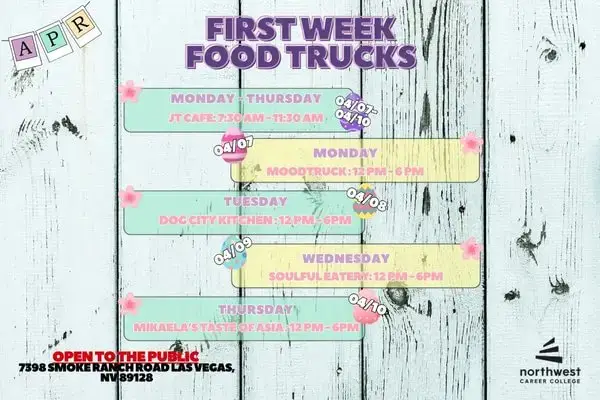 Schedule for food trucks at Northwest Career College, April 1-10, with various vendors and times listed. Open to the public.