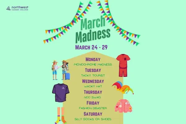 Colorful flyer for March Madness events at Northwest Career College, featuring themed dress days from March 24-29.