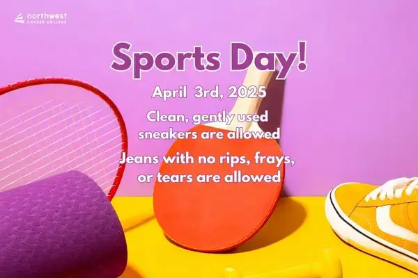 Colorful sports equipment with text announcing Sports Day on April 3rd, 2025, and dress code guidelines.
