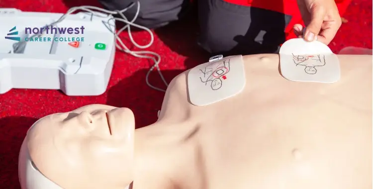 A CPR training mannequin with defibrillator pads placed on its chest, alongside an AED device.