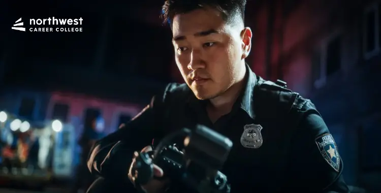 A focused police officer examines equipment in a dimly lit urban setting.