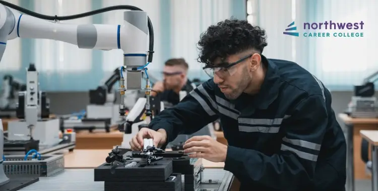 A student works with robotic equipment in a classroom setting at Northwest Career College.
