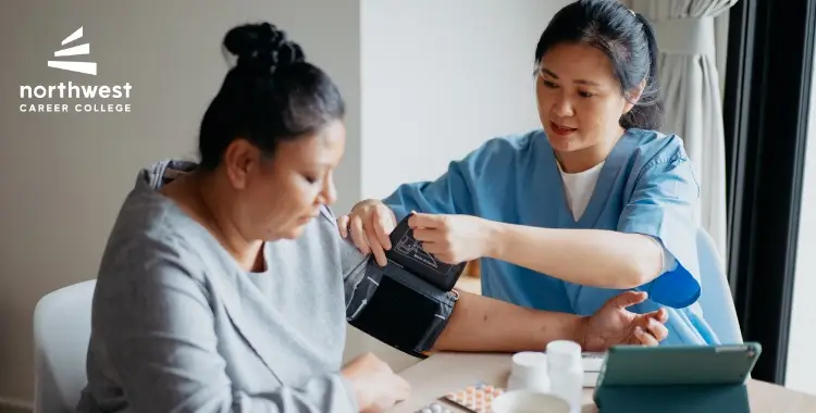 A healthcare professional measures a patients blood pressure in a clinical setting.
