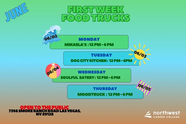 Schedule for first week food trucks at Northwest Career College, June 3-6, 12 PM - 6 PM daily. Open to the public.