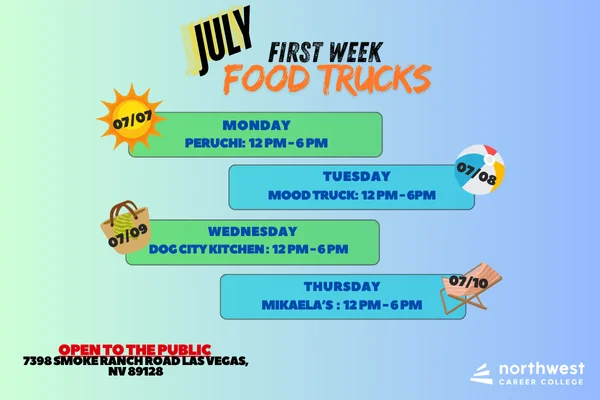 Schedule for July food trucks: Peruchis, Mood Truck, Dog City Kitchen, and Mikaelas from 12 PM to 6 PM. Open to public.