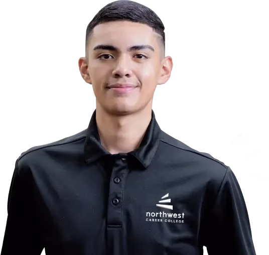 A smiling student in a black polo from Northwest Career College, representing a legal assistant school.