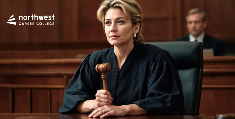 A judge in a courtroom, holding a gavel, with a focused expression and a man seated in the background.