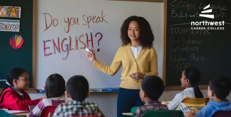 A teacher asks, Do you speak English? while students attentively listen in a classroom setting.