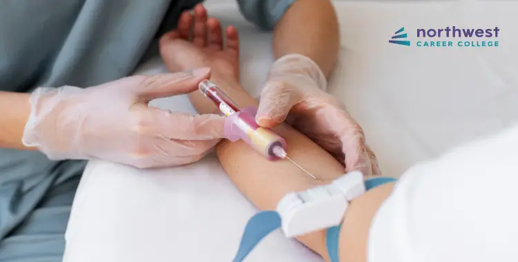 A healthcare professional draws blood from a patients arm using a syringe.