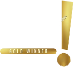Gold winner badge featuring a gold color scheme and an exclamation mark design.