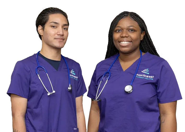 Two students in scrubs with stethoscopes, representing Medical Assistant School Las Vegas at Northwest Career College.