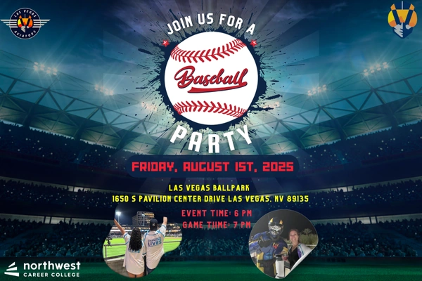 Baseball party invitation for August 1, 2025, at Las Vegas Ballpark. Event at 6 PM, game at 7 PM.
