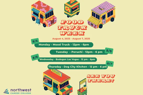 Colorful food truck week schedule from August 4-7, 2025, featuring various trucks and times at Northwest Career College.