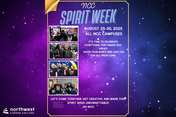 Graphic promoting NCC Spirit Week, August 25-30, 2025, with images of students celebrating and engaging in activities.