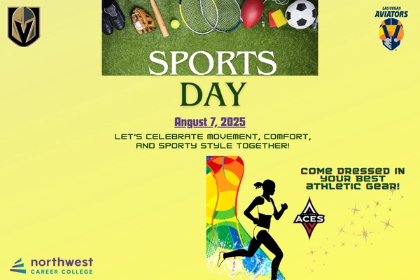 Graphic promoting Sports Day on August 7, 2025, featuring various sports equipment and encouraging athletic attire.