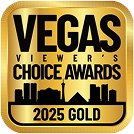 Gold badge for the 2025 Vegas Viewers Choice Awards featuring city skyline graphics.