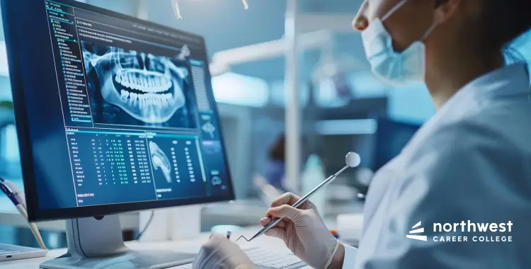 A dental professional examines an X-ray on a computer screen while holding a dental tool.