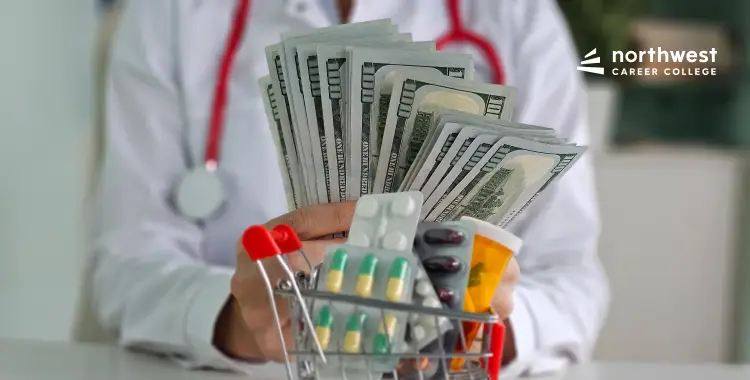 A healthcare professional holds cash and a shopping cart filled with medication.