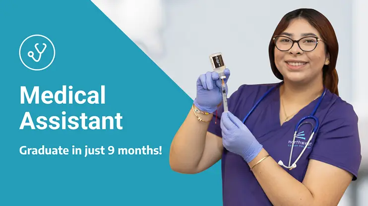 A smiling woman in scrubs holds a syringe, promoting the Medical Assistant Training Program to graduate in 9 months.
