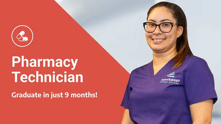 Smiling woman in a purple uniform promotes a Pharmacy Technician program, highlighting a 9-month graduation timeline.