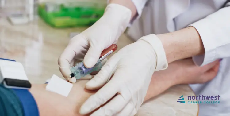 A healthcare professional in gloves draws blood from a patients arm using a syringe.