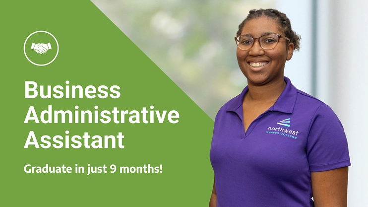 Smiling woman in a purple polo promotes the Business Administrative Assistant program overview, graduating in 9 months.