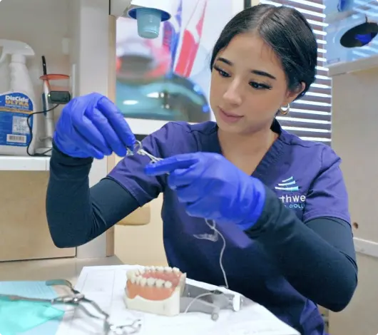 A dental professional in gloves examines dental tools next to a model of teeth in a clinical setting.
